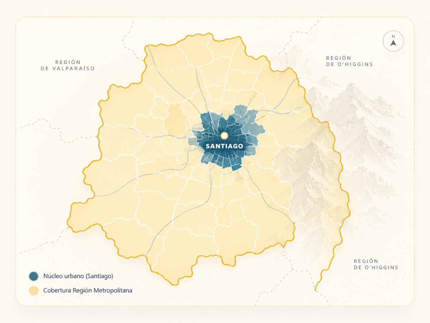 Mapa ilustrado de cobertura de JIREH en la Región Metropolitana, con Santiago destacado