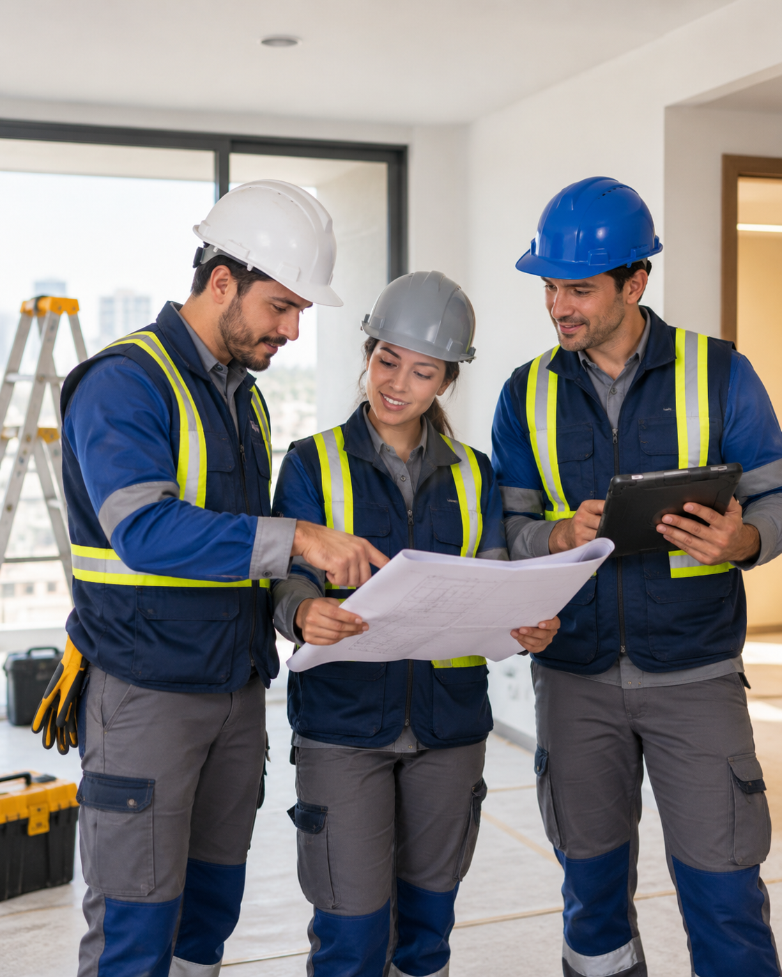 Equipo técnico de JIREH revisando planos en obra